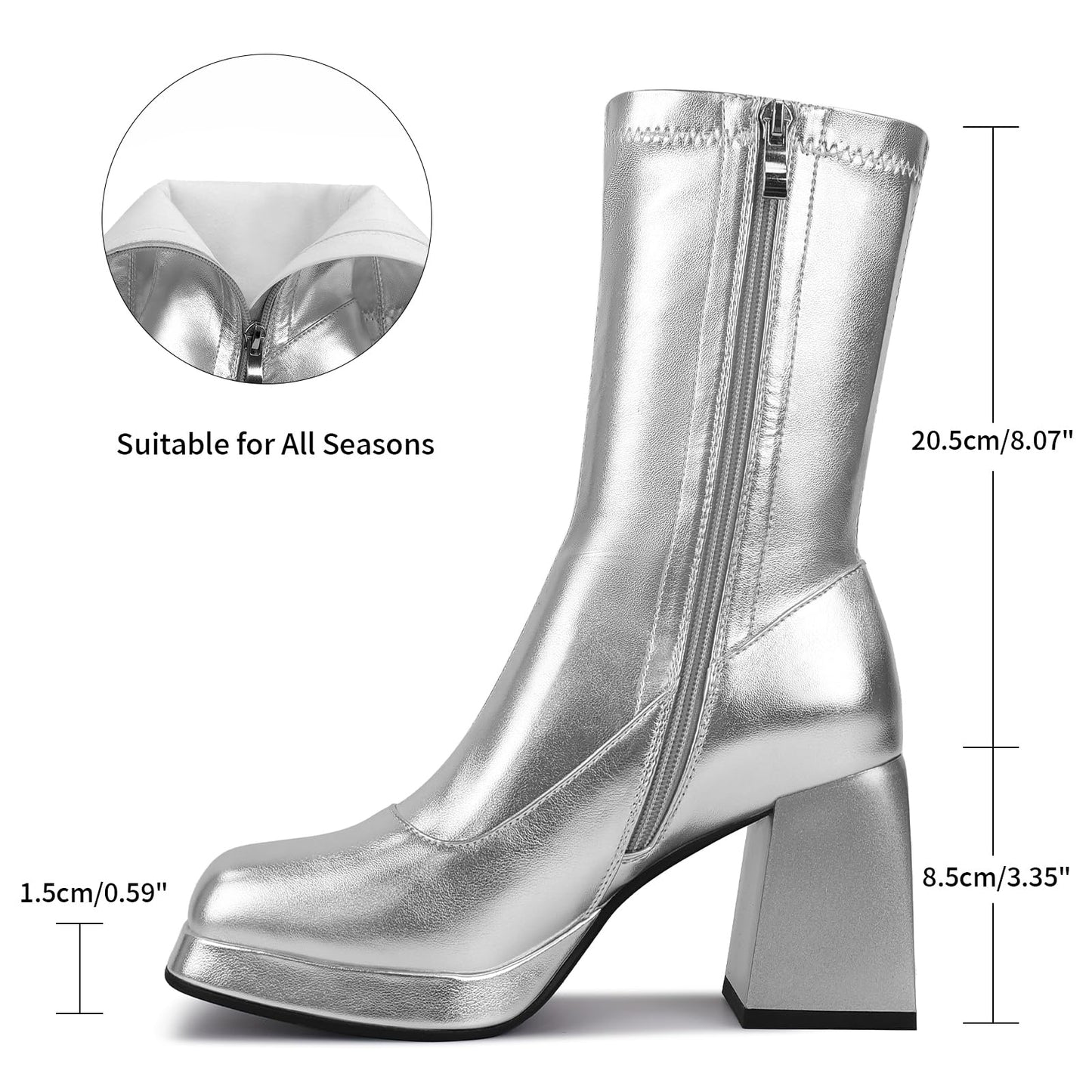 JEDKARAR Silver GoGo Boots for Women Silver Platform Boots for Women Silver Chunky Boots Silver Boots Platform GoGo Boots Chunky Heeled Boots Chrome Boots Silver Booties Y2K Boots