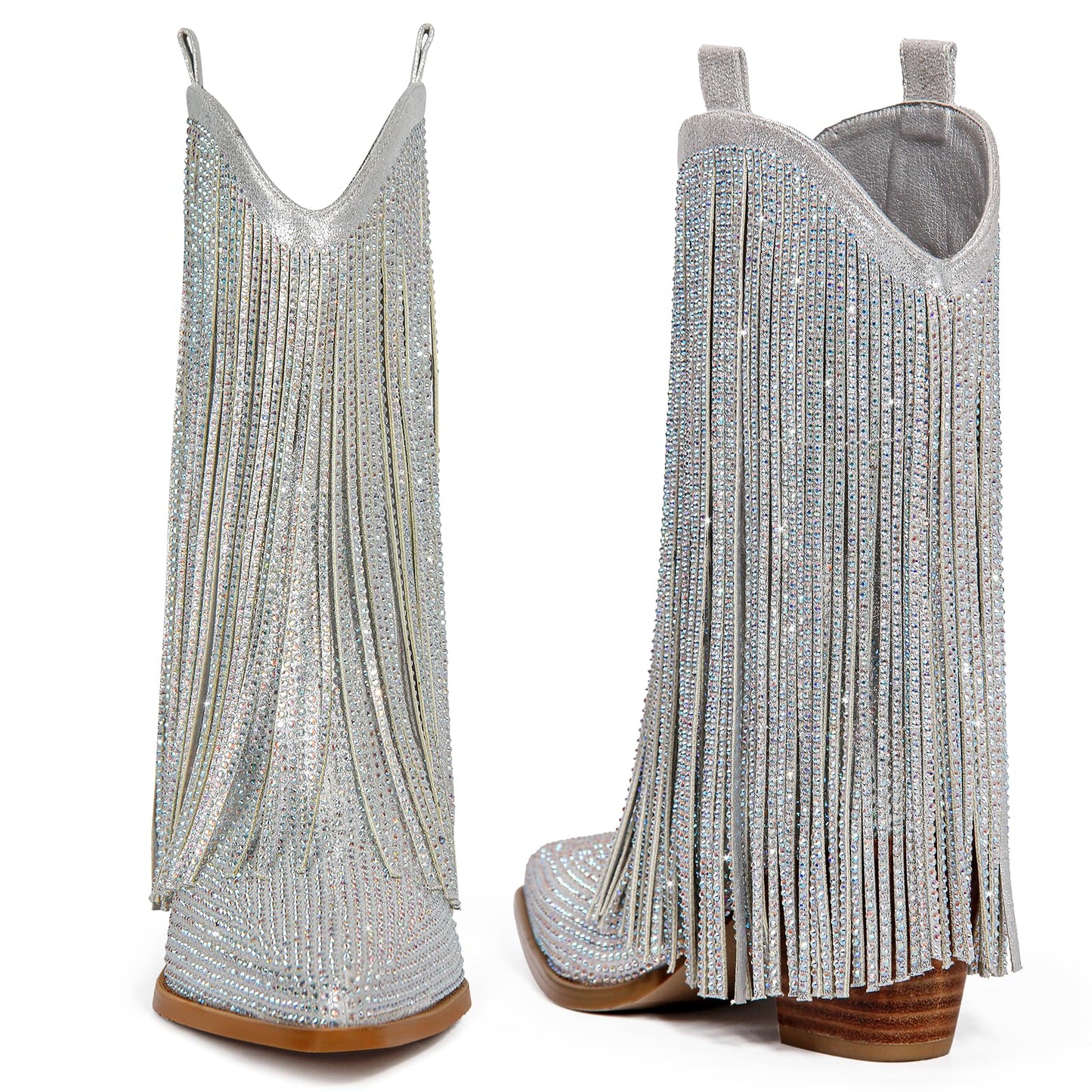 HICLOTSA Women's Silver Cowboy Ankle Boots Cowgirl Rhinestone Fringe Western Boots Side Zipper Pointy Pull On Chunky Heel Sparkly Tassels Booties Fashion Country Party for Women Size 8.5
