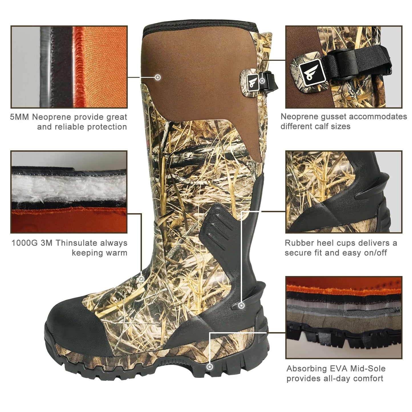 8 Fans Rubber Hunting Boots with 1000G Thinsulate Insulation,Next Camo Waterproof Rubber Mud Muck Boots with 5mm Neoprene for Men Size13
