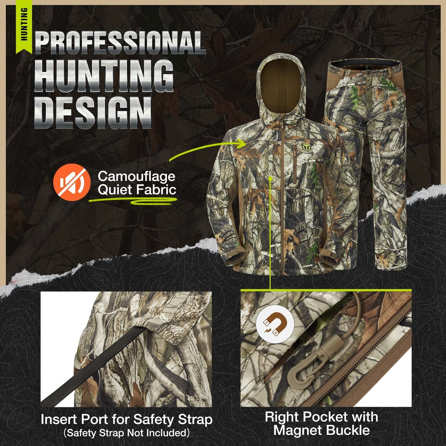 TIDEWE Hunting Clothes for Men with Fleece Lining, Safety Strap Compatible Water Resistant Silent Jacket and Pants, Hunting Suit for Climbing Hiking Trekking Camping (Next Camo G2 Size XL)