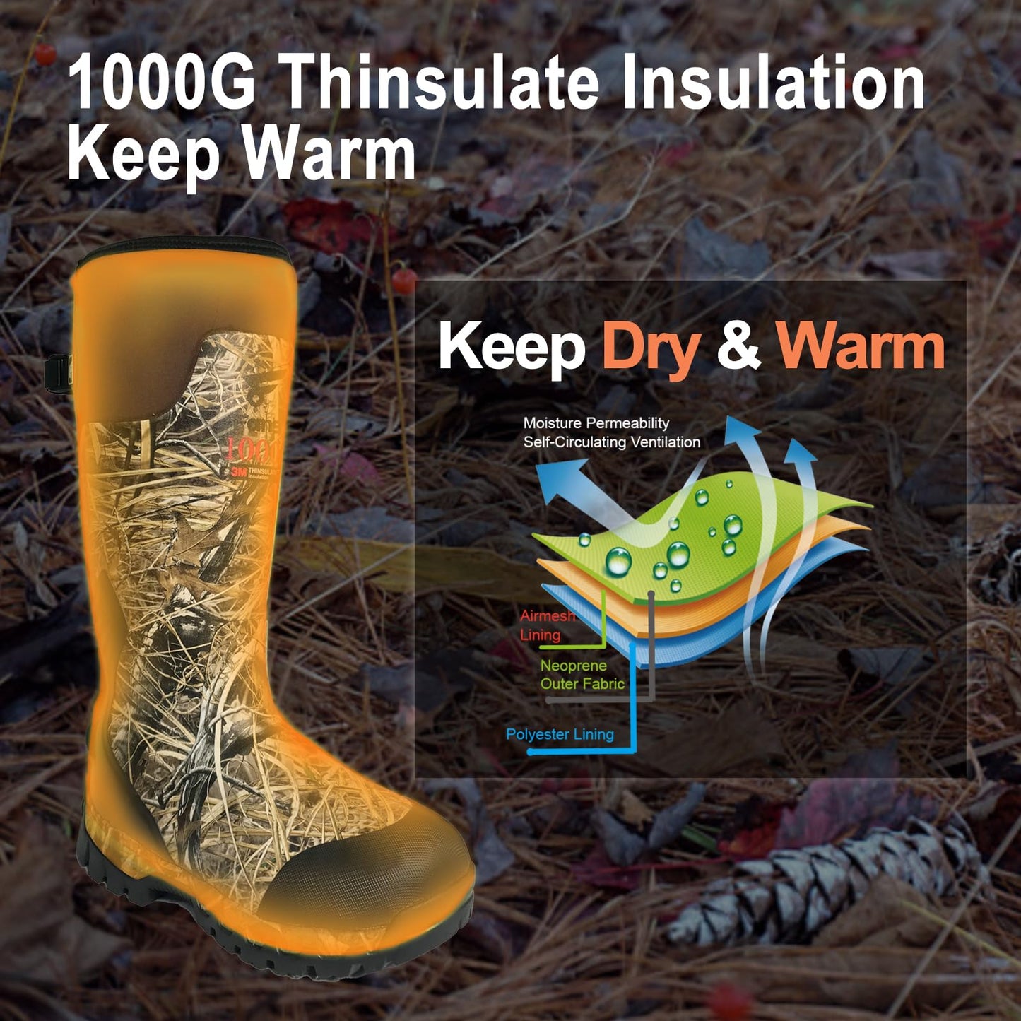 8 Fans Rubber Hunting Boots with 1000G Thinsulate Insulation,Next Camo Waterproof Rubber Mud Muck Boots with 5mm Neoprene for Men Size13