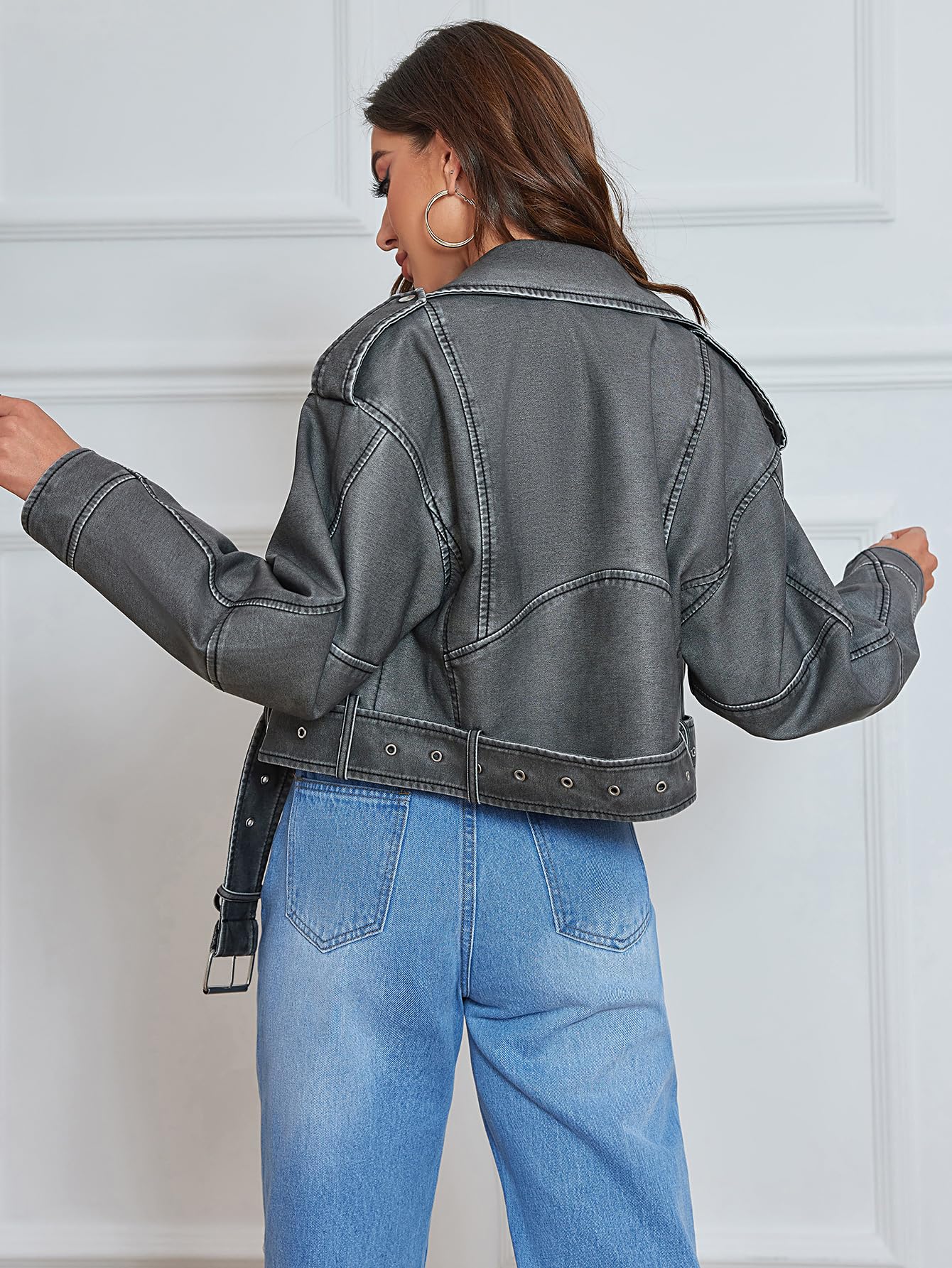 LY VAREY LIN Women Faux Leather Cropped Jacket Lapel Zipper Vintage Biker Short Coat with Belt - Law of Apparel