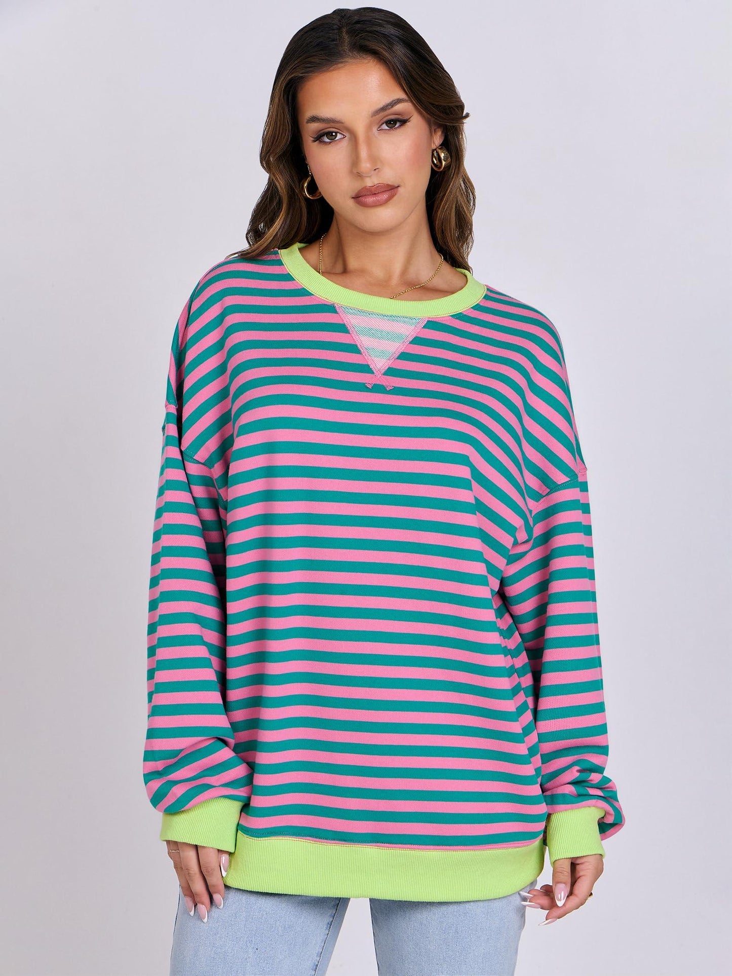 ANRABESS Women Striped Oversized Sweatshirt Long Sleeve Crewneck Hoodies Shirts 2024 Fall Pullover Top Trendy Preppy Clothes Pink Green Medium - Law of Apparel