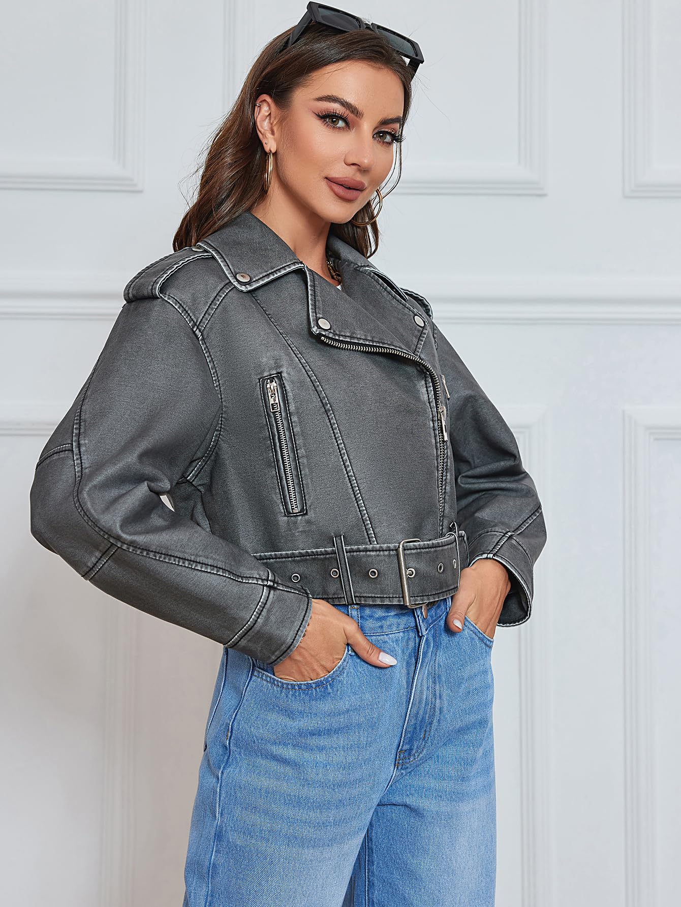 LY VAREY LIN Women Faux Leather Cropped Jacket Lapel Zipper Vintage Biker Short Coat with Belt - Law of Apparel