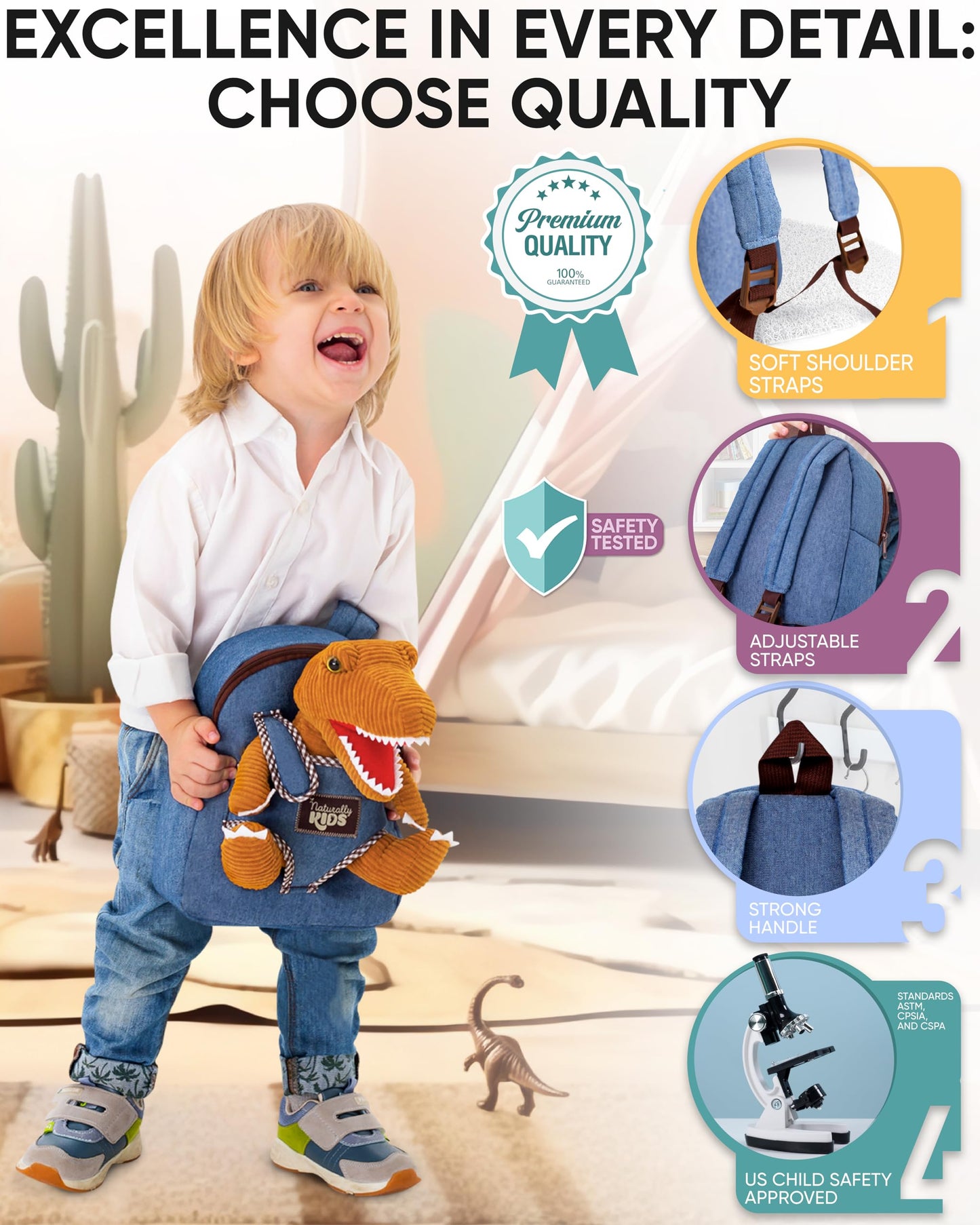 Naturally KIDS Toddler Backpack w Stuffed Animal Toy, Toddler Gifts for Boys Girls, Small Backpack, Dinosaur Toys
