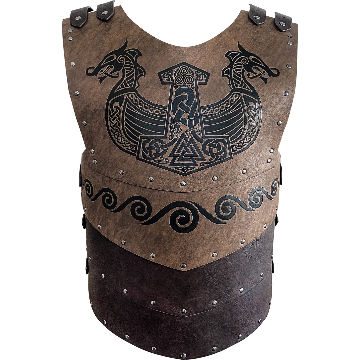 HiiFeuer Viking Embossed Chest Armor with Medieval Thigh Armor and Embossed Arm Bracers, Retro Vintage Faux Leather Barbarian Costume for LARP Ren Faire