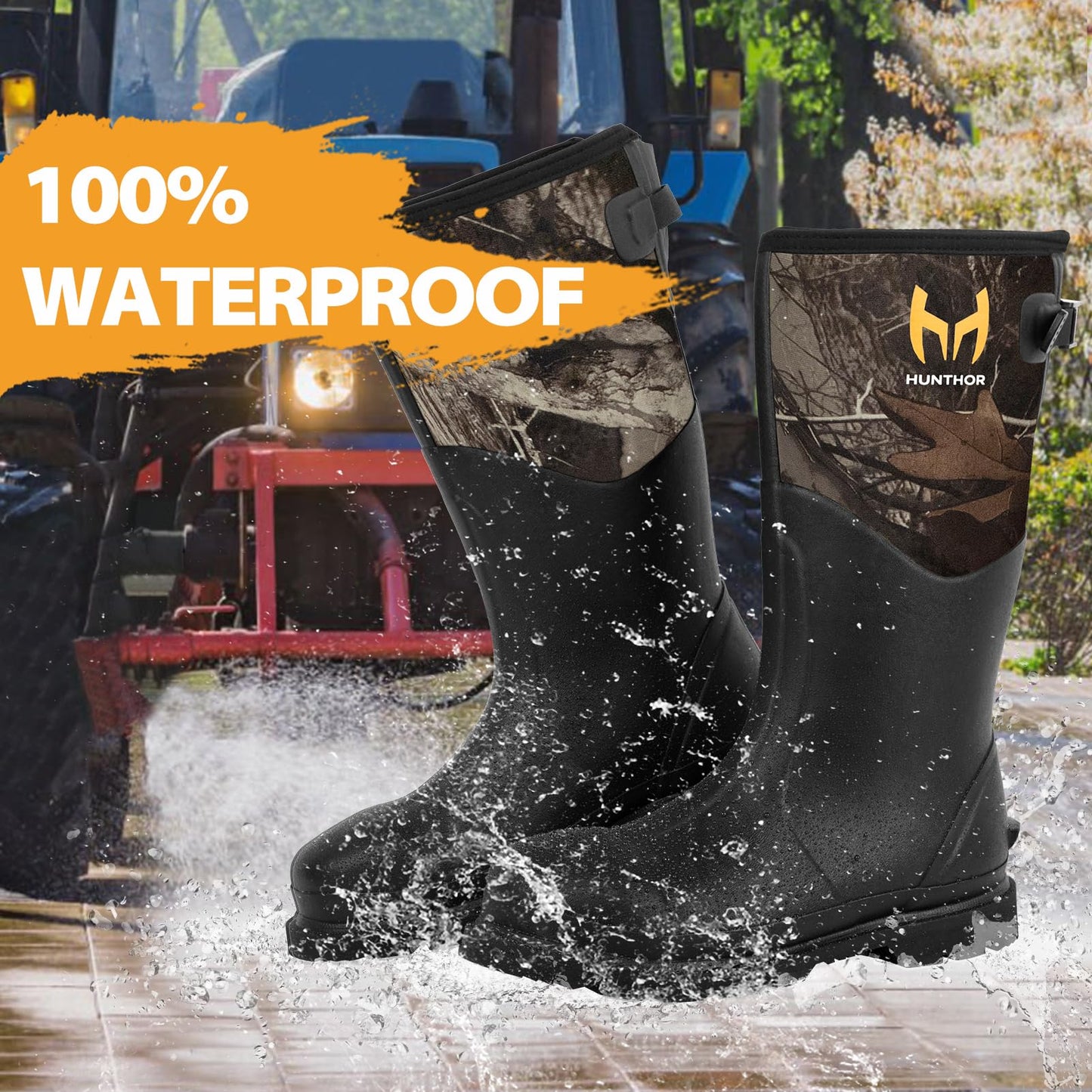 Hunthor Rubber Work Boots, Steel Toe Rubber Boots for Men, Waterproof 6mm Neoprene Rubber Hunting Boots for Farming, Gardening, Fishing, Outdoor Work (Camo, 6)