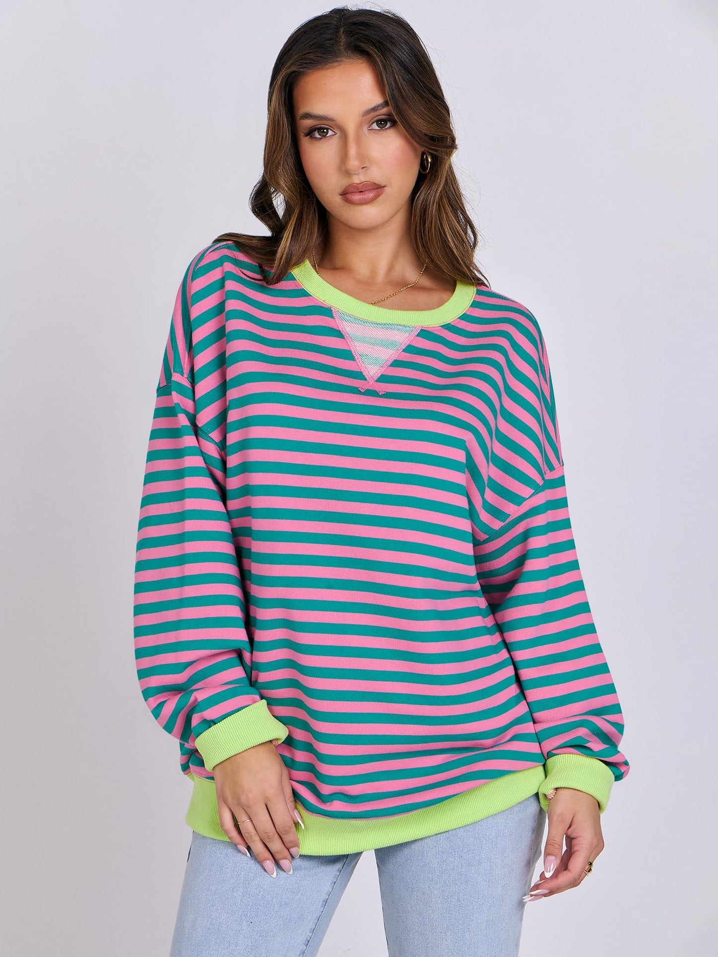 ANRABESS Women Striped Oversized Sweatshirt Long Sleeve Crewneck Hoodies Shirts 2024 Fall Pullover Top Trendy Preppy Clothes Pink Green Medium - Law of Apparel