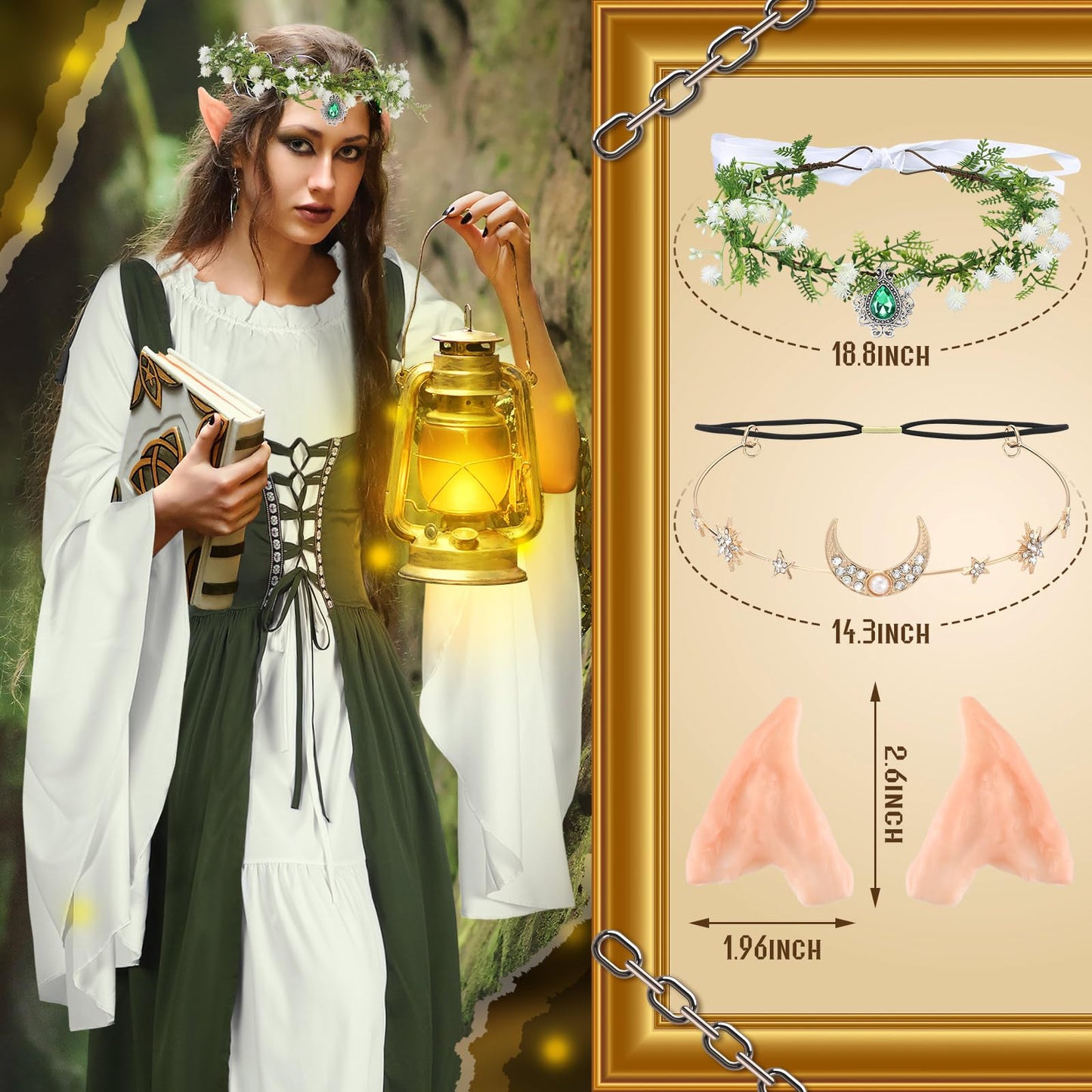 Bonuci Women Renaissance Dress Medieval Costume Women with Elf Ears, Moon Head Chain and Woodland Fairy Crown for Carnival(2X-Large/ 3X-Large,Light Green)