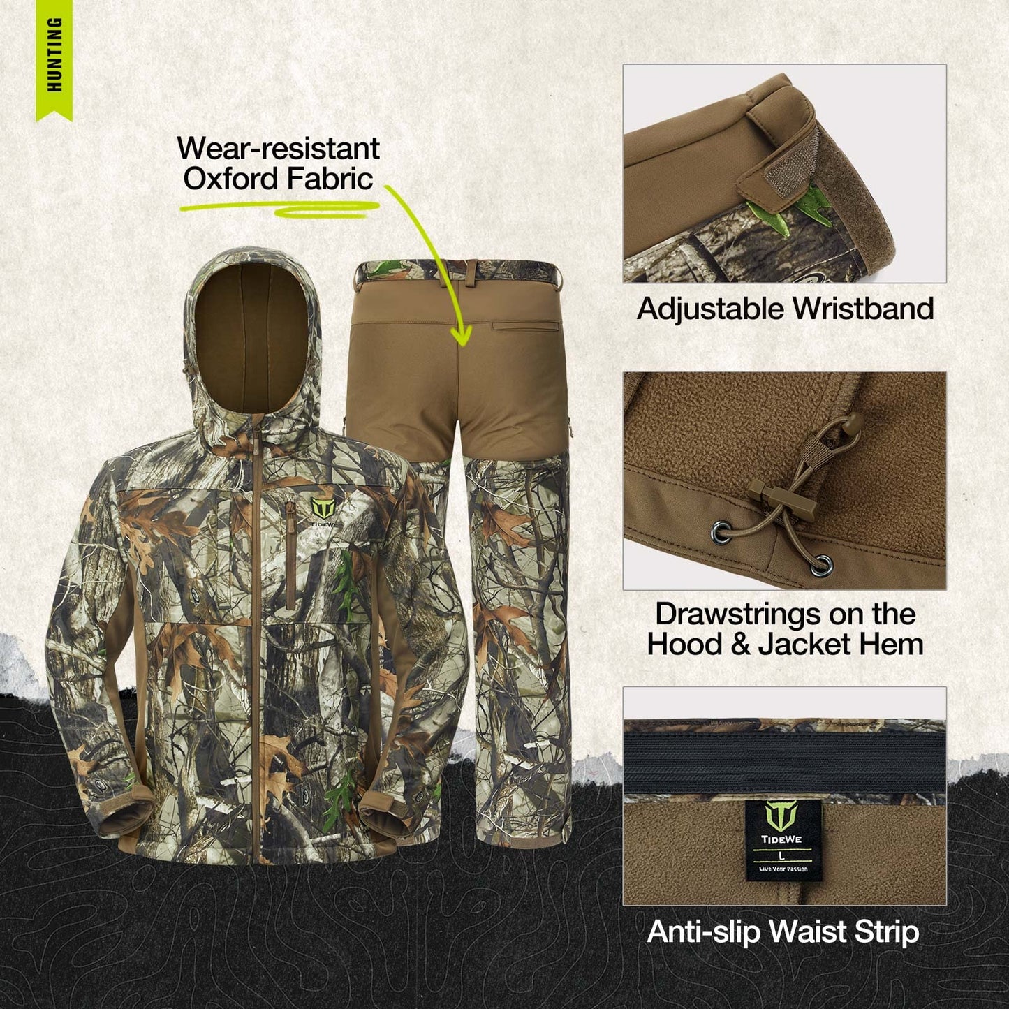 TIDEWE Hunting Clothes for Men with Fleece Lining, Safety Strap Compatible Water Resistant Silent Jacket and Pants, Hunting Suit for Climbing Hiking Trekking Camping (Next Camo G2 Size XL)