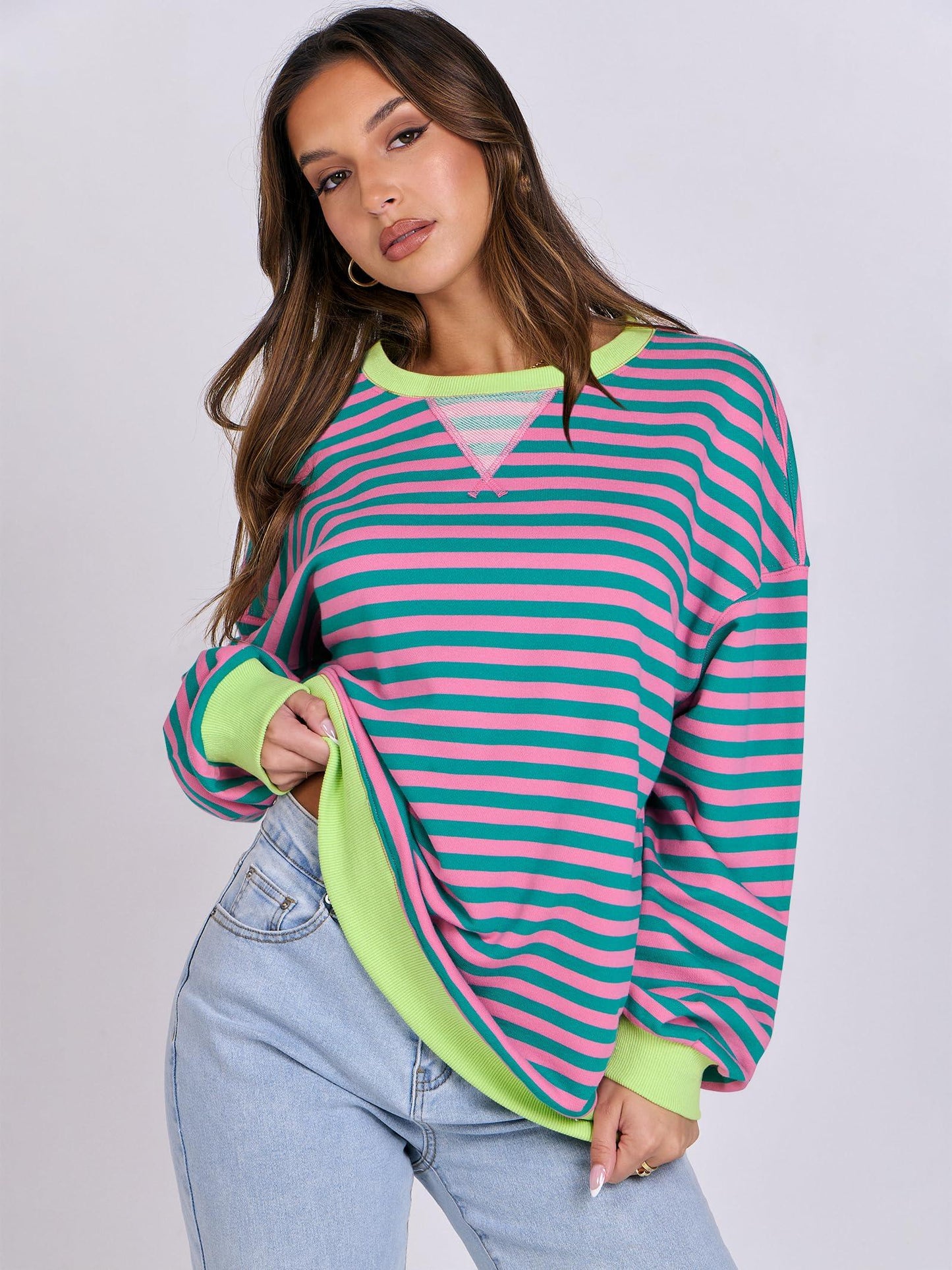 ANRABESS Women Striped Oversized Sweatshirt Long Sleeve Crewneck Hoodies Shirts 2024 Fall Pullover Top Trendy Preppy Clothes Pink Green Medium - Law of Apparel