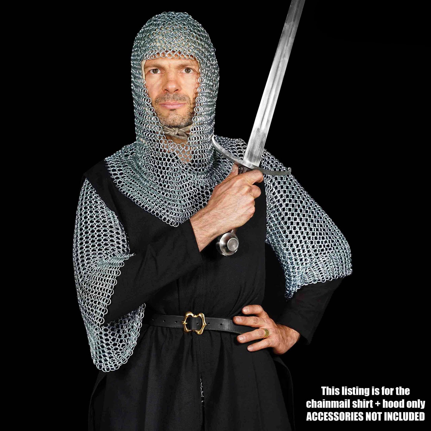 Mythrojan Half Sleeves Chainmail Shirt with Coif MS Butted - Zinc Plated Silver