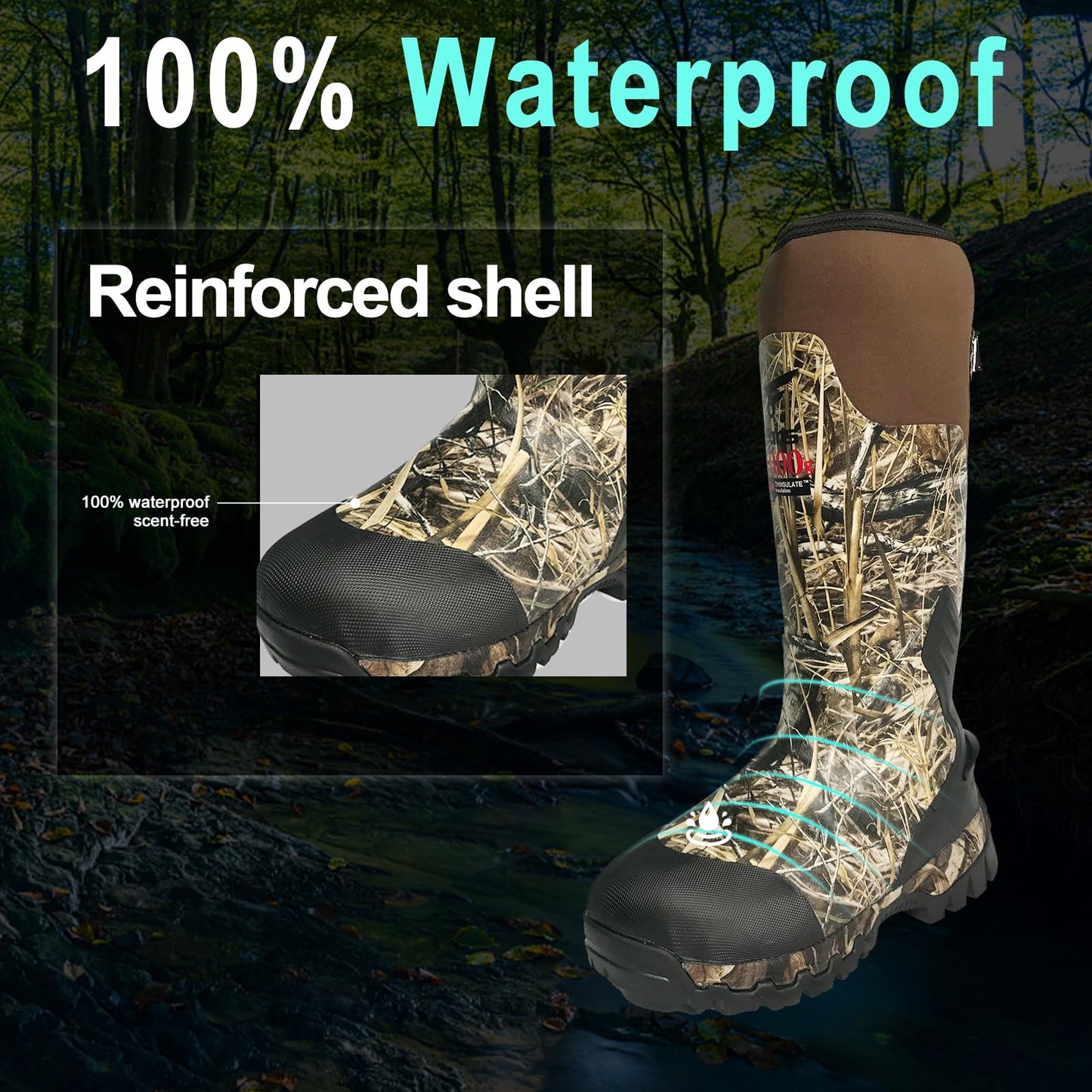 8 Fans Rubber Hunting Boots with 1000G Thinsulate Insulation,Next Camo Waterproof Rubber Mud Muck Boots with 5mm Neoprene for Men Size13