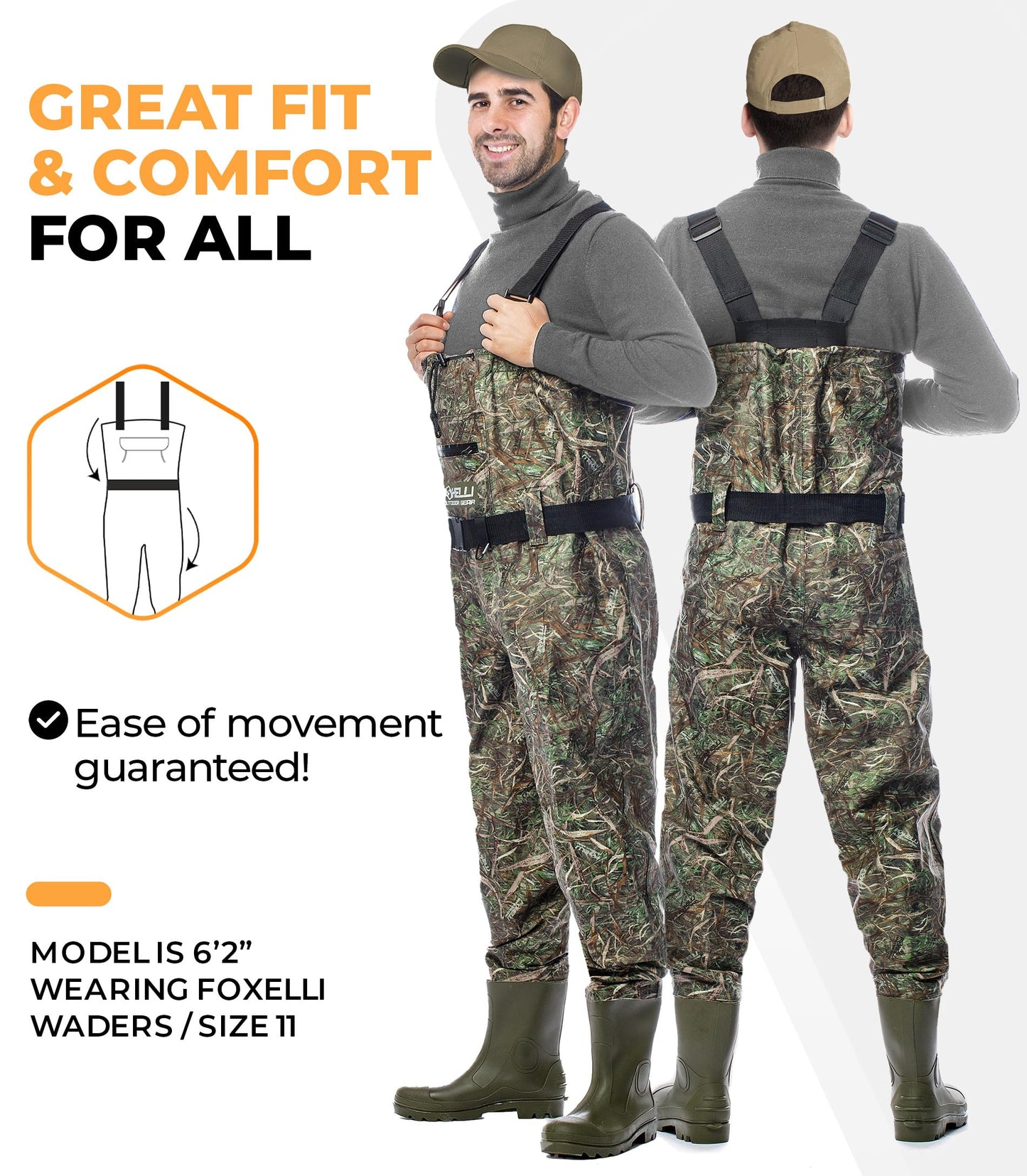 Foxelli Chest Waders – Camo Hunting Fishing Waders for Men and Women with Boots, 2-ply Nylon/PVC Waterproof Bootfoot Waders