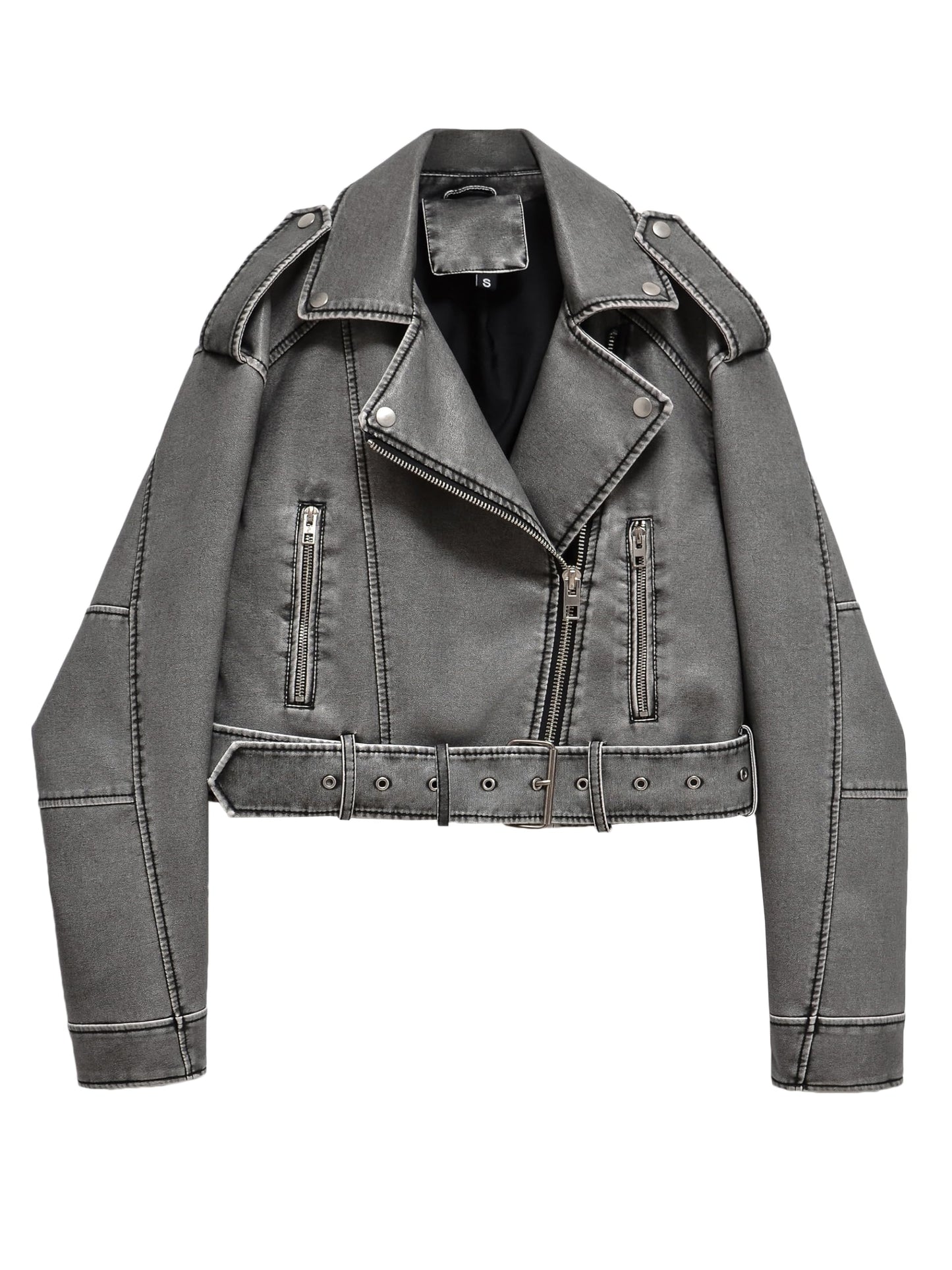 LY VAREY LIN Women Faux Leather Cropped Jacket Lapel Zipper Vintage Biker Short Coat with Belt - Law of Apparel