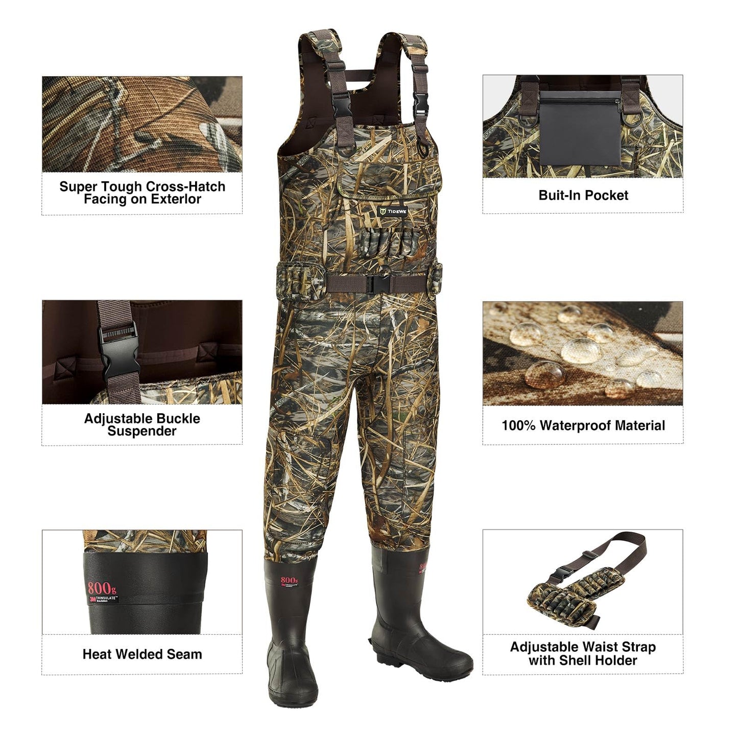 TIDEWE Chest Waders, Hunting Waders for Men Next Camo Evos with 800G Insulation, Waterproof Cleated Neoprene Bootfoot Wader, Insulated Hunting & Fishing Waders (Size 11)