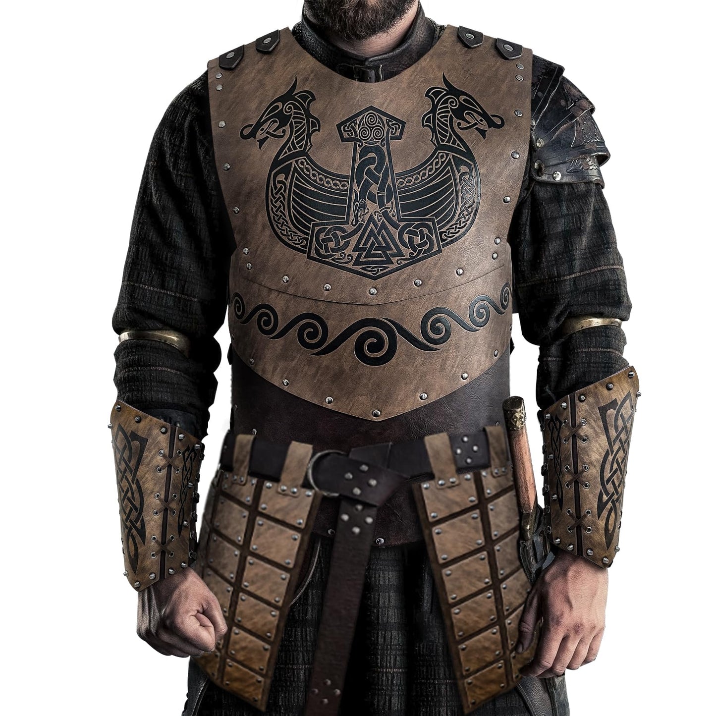 HiiFeuer Viking Embossed Chest Armor with Medieval Thigh Armor and Embossed Arm Bracers, Retro Vintage Faux Leather Barbarian Costume for LARP Ren Faire