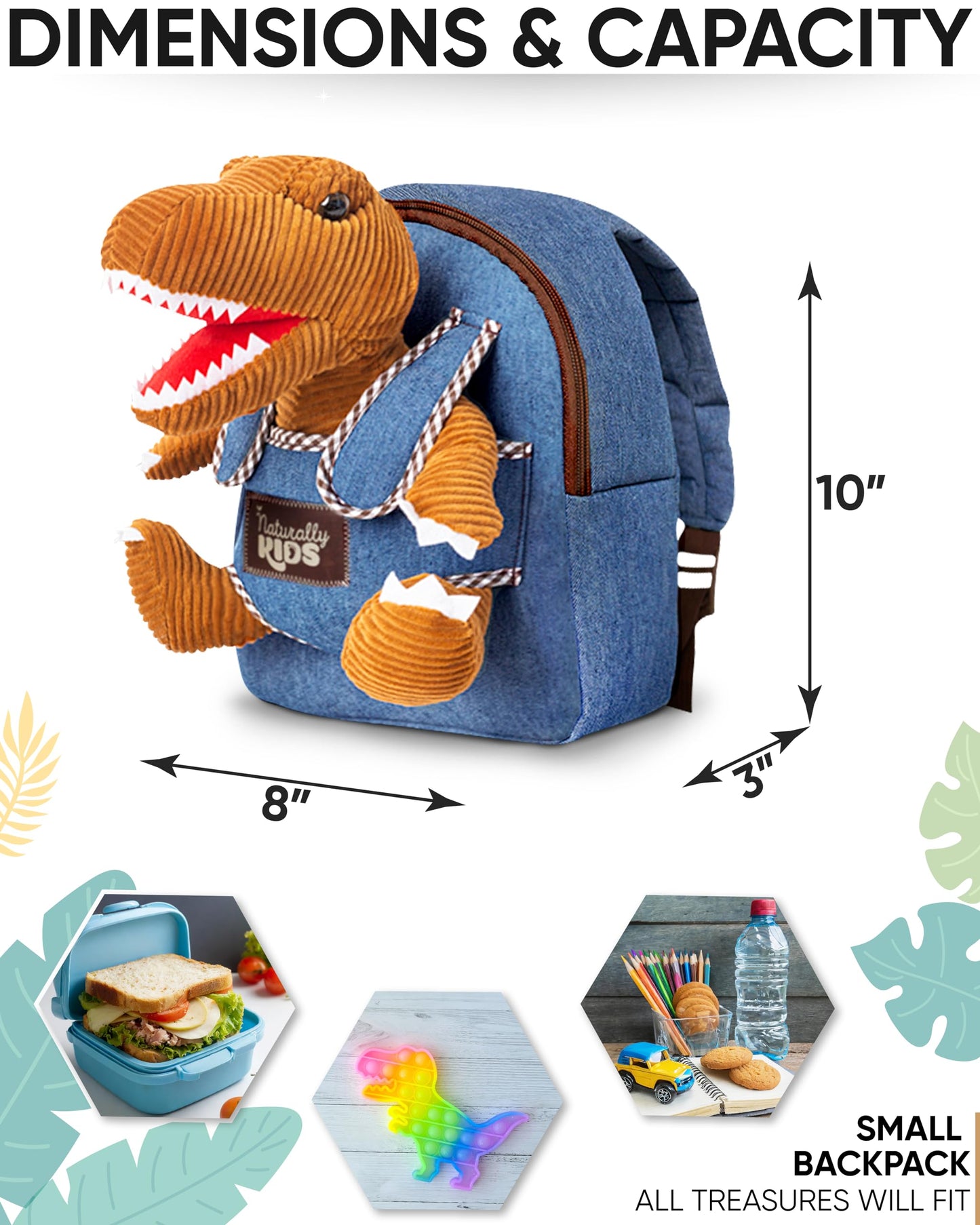 Naturally KIDS Toddler Backpack w Stuffed Animal Toy, Toddler Gifts for Boys Girls, Small Backpack, Dinosaur Toys