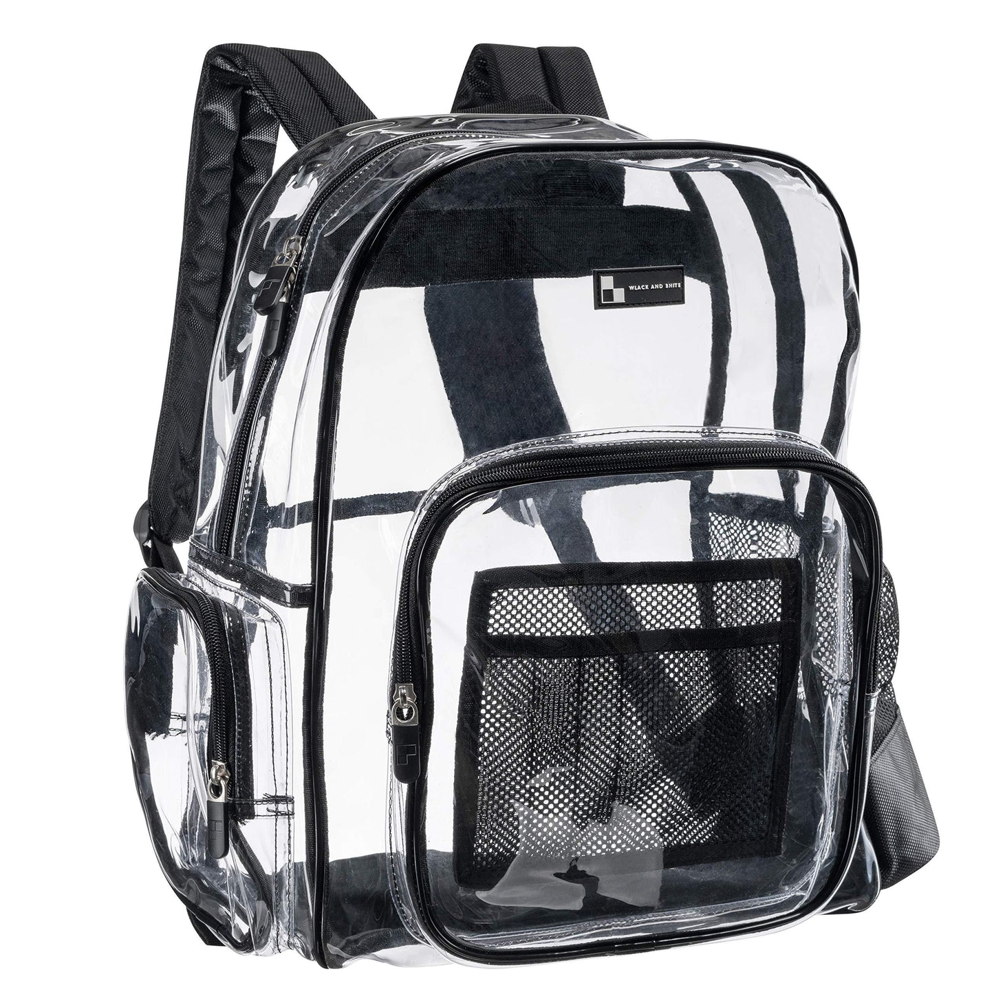 WLACK AND BHITE Heavy Duty Clear Backpack with Mesh Organizer, Clear Bookbag (Large, Black) - Law of Apparel