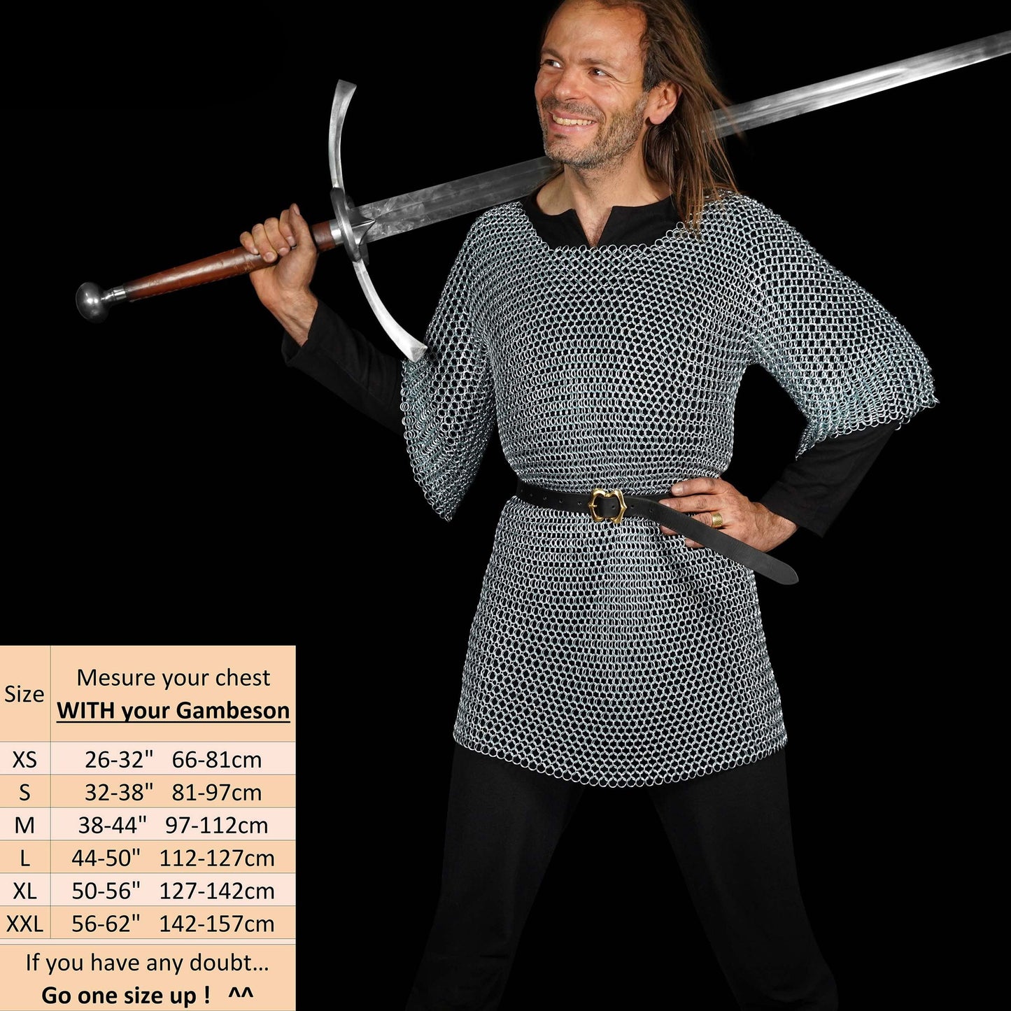 Mythrojan Half Sleeves Chainmail Shirt with Coif MS Butted - Zinc Plated Silver