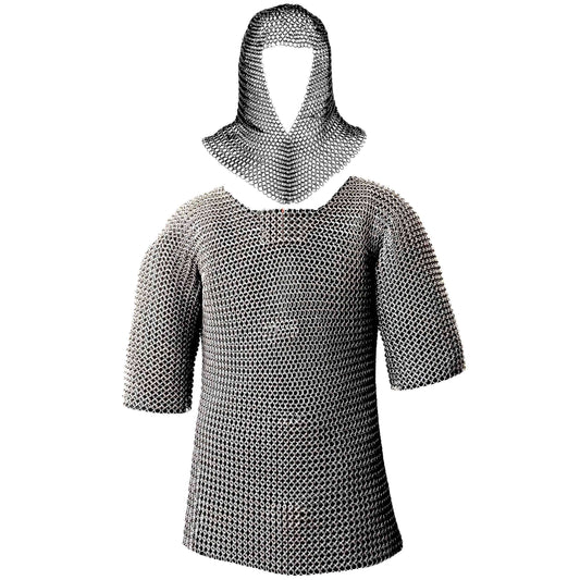 Mythrojan Half Sleeves Chainmail Shirt with Coif MS Butted - Zinc Plated Silver
