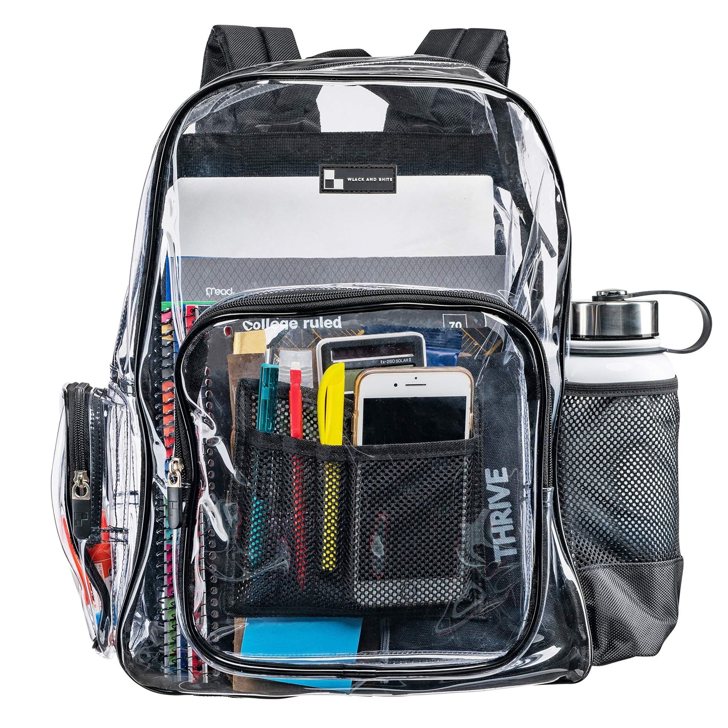 WLACK AND BHITE Heavy Duty Clear Backpack with Mesh Organizer, Clear Bookbag (Large, Black) - Law of Apparel