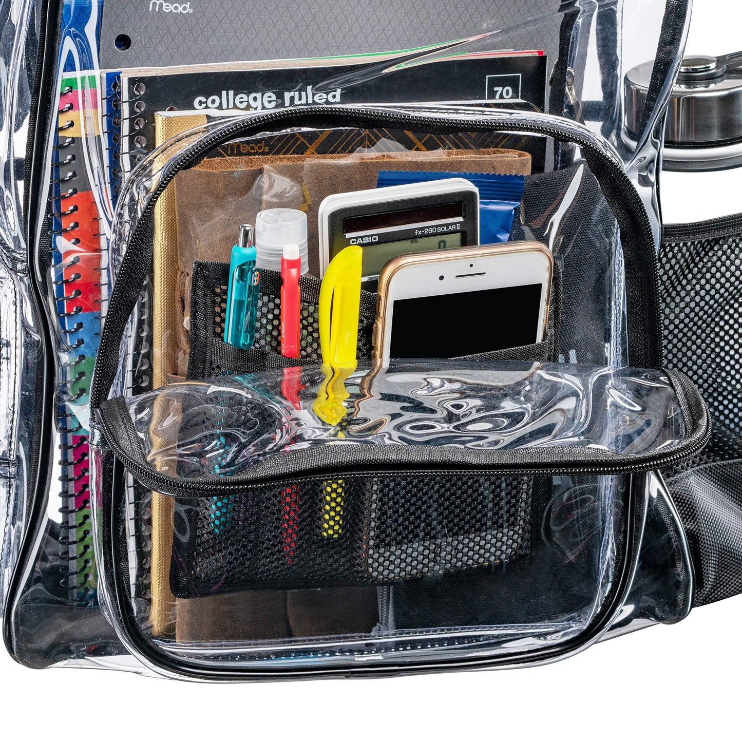 WLACK AND BHITE Heavy Duty Clear Backpack with Mesh Organizer, Clear Bookbag (Large, Black) - Law of Apparel