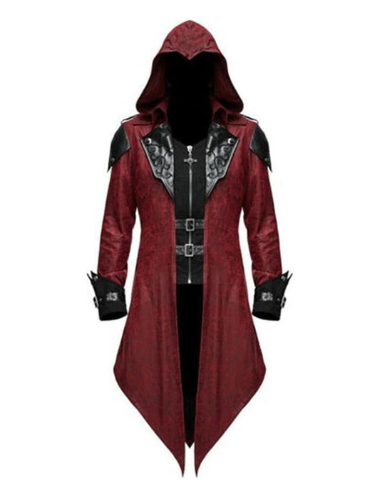 Men's Medieval Tailcoat Steampunk Vintage Spliced Hooded Trench Zipper Coat Gothic Dark Halloween Costume (X-Large, Burgundy) - Law of Apparel