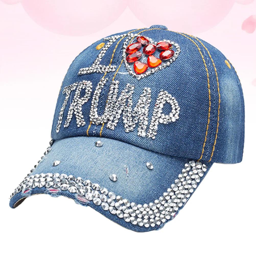 I Love Trump Denim Baseball Hat with Rhinestones - Law of Apparel