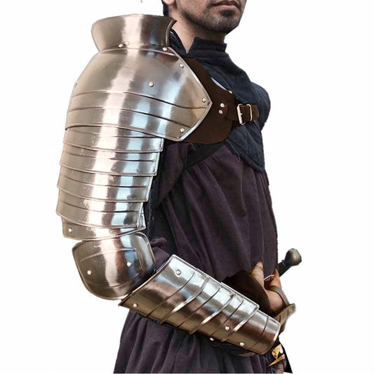 AnNafi® Medieval Single Pauldron Spartacus Cosplay Metal Roman Knight Sleeve Shoulder Arm Armor Gladiator LARP Silver Full Hand & Arm Sleeve Armour Single Arm Costume for Adult Men Halloween Outfit