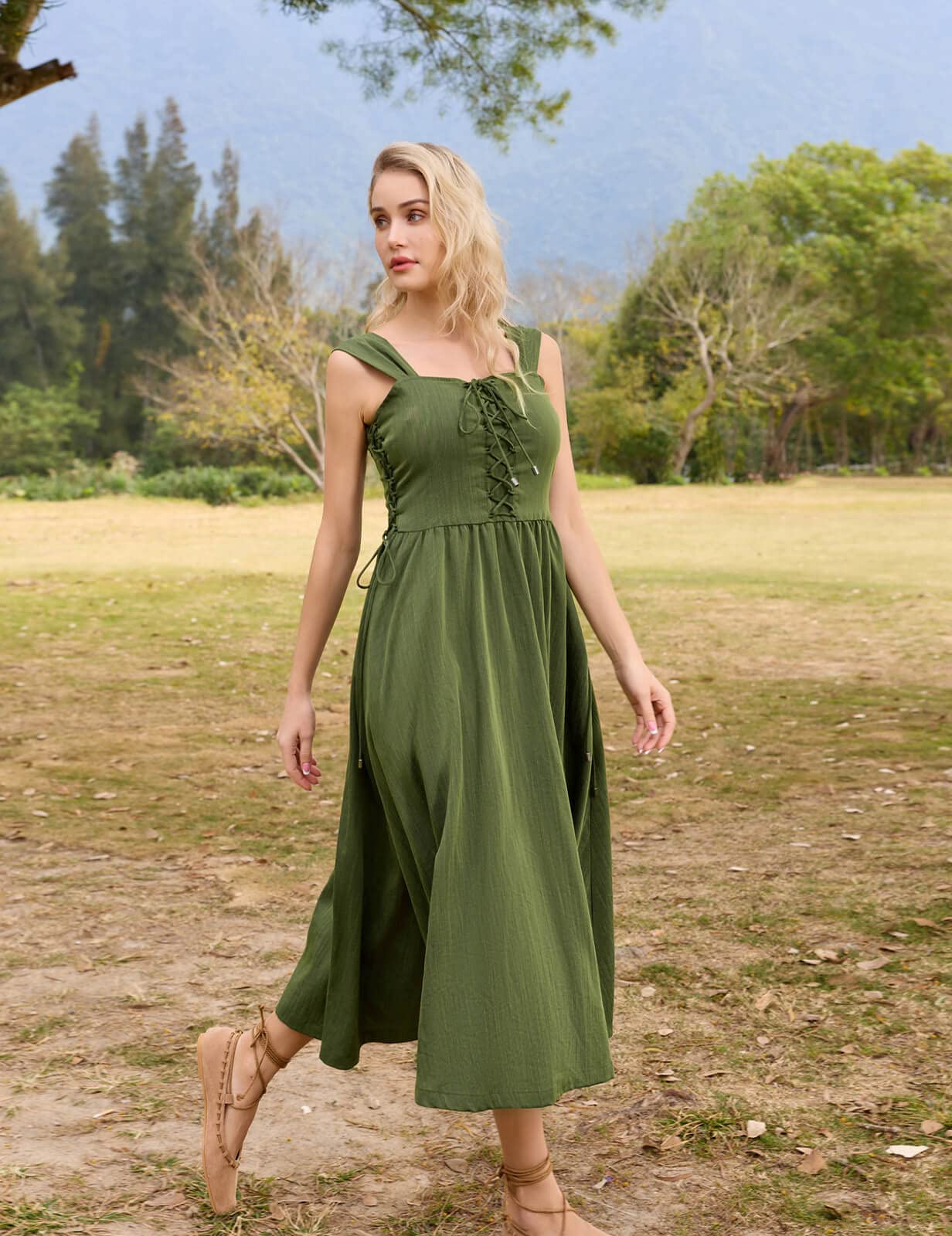 Scarlet Darkness Renaissance Midi Dress for Women Victorian High Waist Peasant Dress Green L