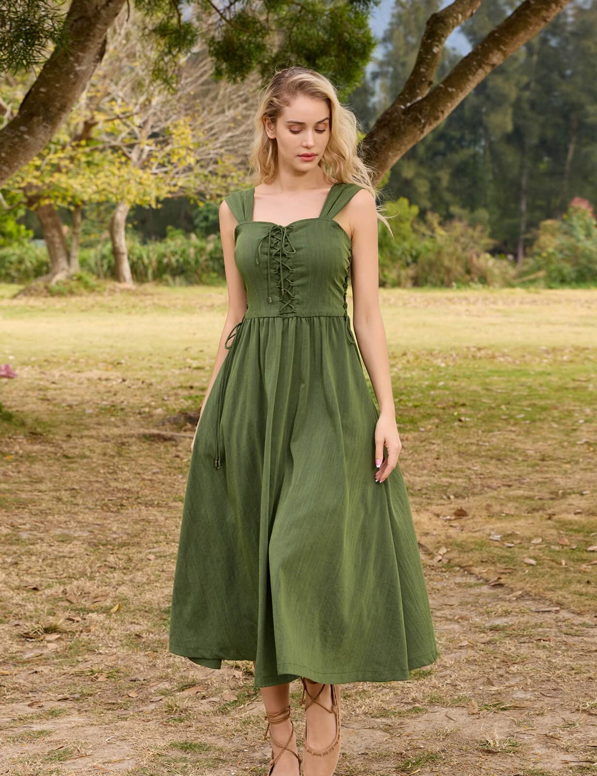 Scarlet Darkness Renaissance Midi Dress for Women Victorian High Waist Peasant Dress Green L