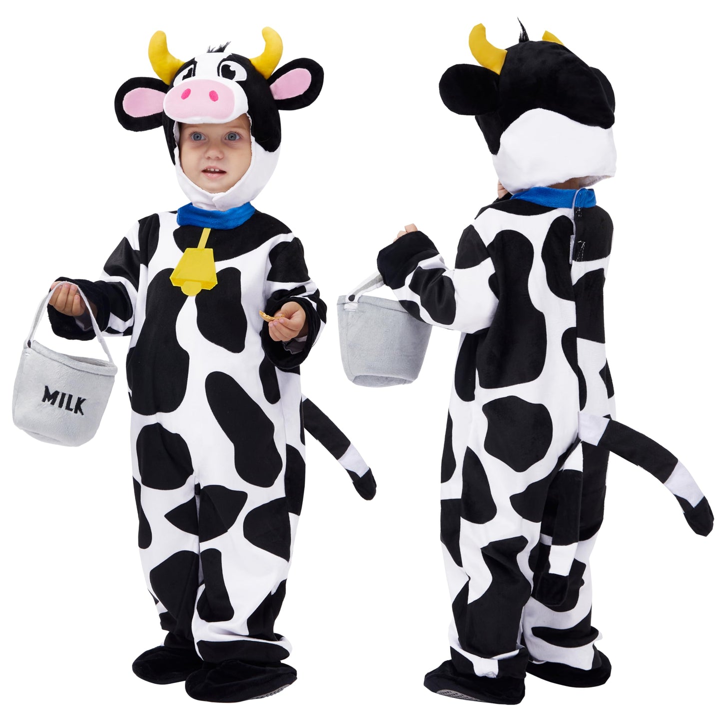 Spooktacular Creations Unisex Baby Cow Costume Jumpsuit Outfit with Milking Bucket for Infant Child Boys and Girls Halloween Costume Cosplay, Trick or Treat Farm Party Dress Up (18-24 Months)