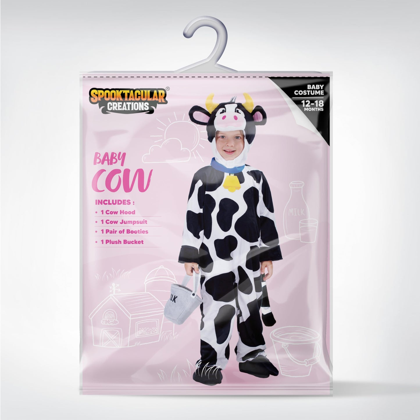 Spooktacular Creations Unisex Baby Cow Costume Jumpsuit Outfit with Milking Bucket for Infant Child Boys and Girls Halloween Costume Cosplay, Trick or Treat Farm Party Dress Up (18-24 Months)