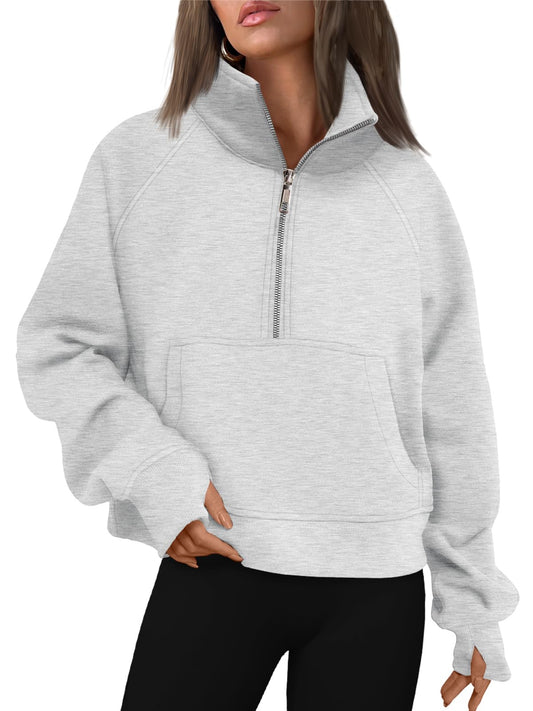 AUTOMET Womens Sweatshirts Half Zip Cropped Pullover Long Sleeve Tops Oversized Hoodies 2024 Fall Fashion Outfits Sweaters Winter Clothes Grey - Law of Apparel