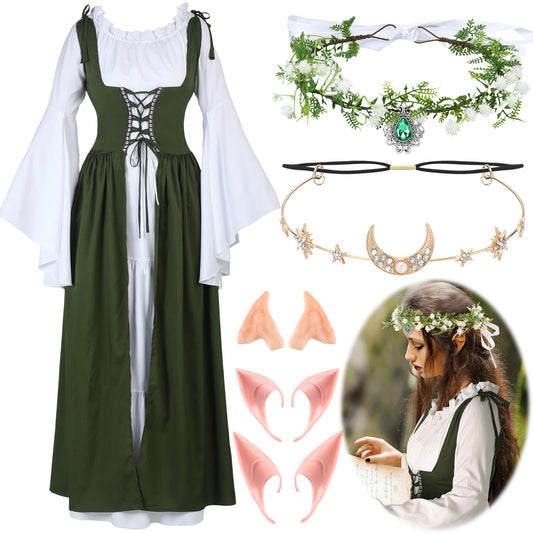 Bonuci Women Renaissance Dress Medieval Costume Women with Elf Ears, Moon Head Chain and Woodland Fairy Crown for Carnival(2X-Large/ 3X-Large,Light Green)