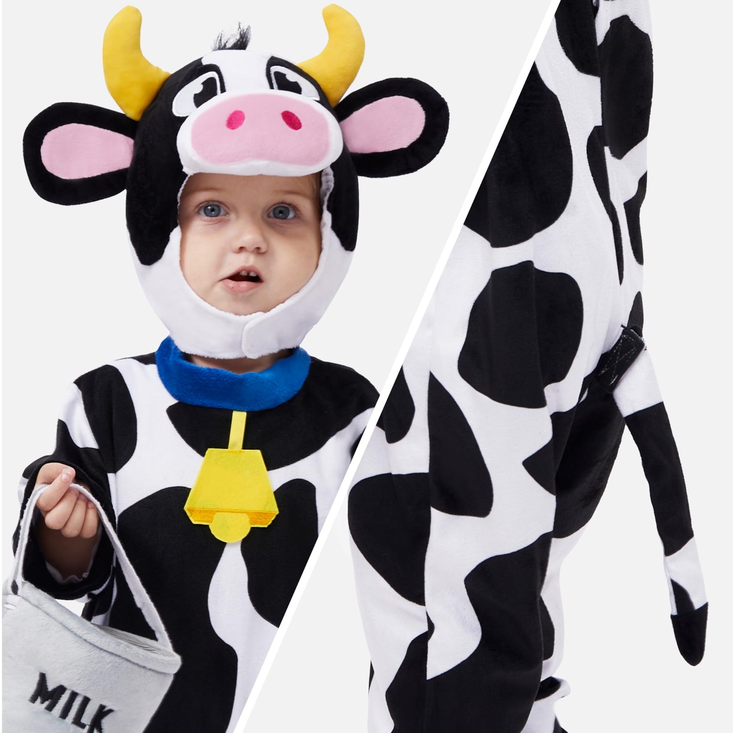 Spooktacular Creations Unisex Baby Cow Costume Jumpsuit Outfit with Milking Bucket for Infant Child Boys and Girls Halloween Costume Cosplay, Trick or Treat Farm Party Dress Up (18-24 Months)