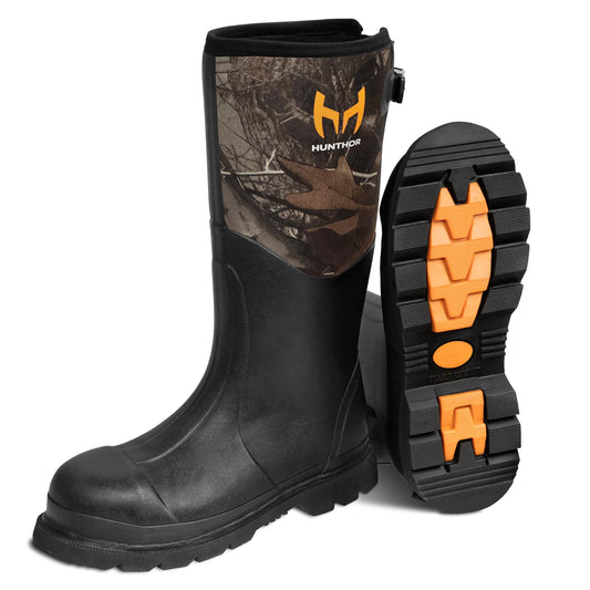 Hunthor Rubber Work Boots, Steel Toe Rubber Boots for Men, Waterproof 6mm Neoprene Rubber Hunting Boots for Farming, Gardening, Fishing, Outdoor Work (Camo, 6)