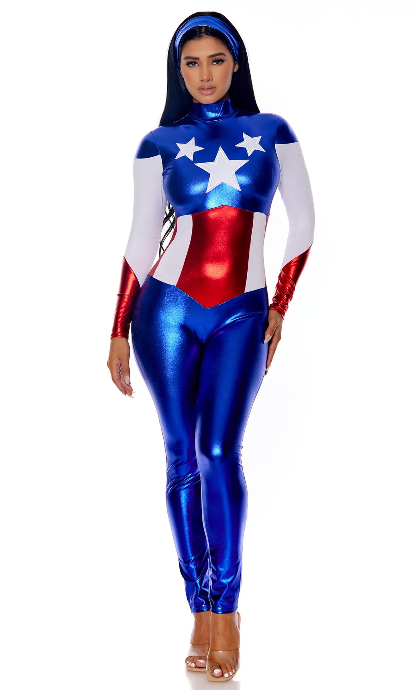 Forplay Women's Petite Star Spangled Hero Catsuit with Stripe Waist and Headband, Royal, Medium/Large