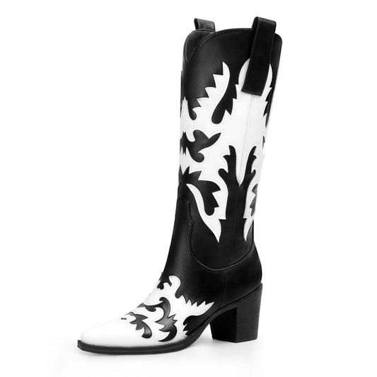 ANN CREEK Women's 'Claremont' Sexy Cowboy Boots Knee-high Black White Patchwork Dressy Cowgirl Mid Calf Boots, White/Black, 7 UK