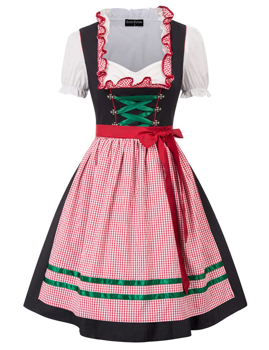 Scarlet Darkness Bavarian Women's Midi Dirndl Dress 3-Pieces with Apron German Oktoberfest Dress L