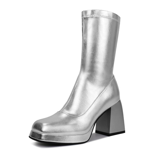 JEDKARAR Silver GoGo Boots for Women Silver Platform Boots for Women Silver Chunky Boots Silver Boots Platform GoGo Boots Chunky Heeled Boots Chrome Boots Silver Booties Y2K Boots