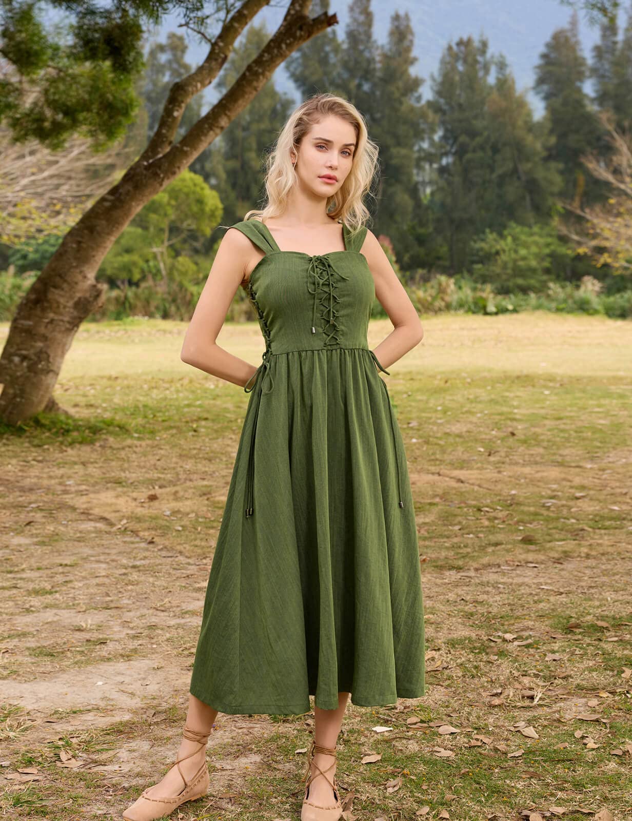 Scarlet Darkness Renaissance Midi Dress for Women Victorian High Waist Peasant Dress Green L