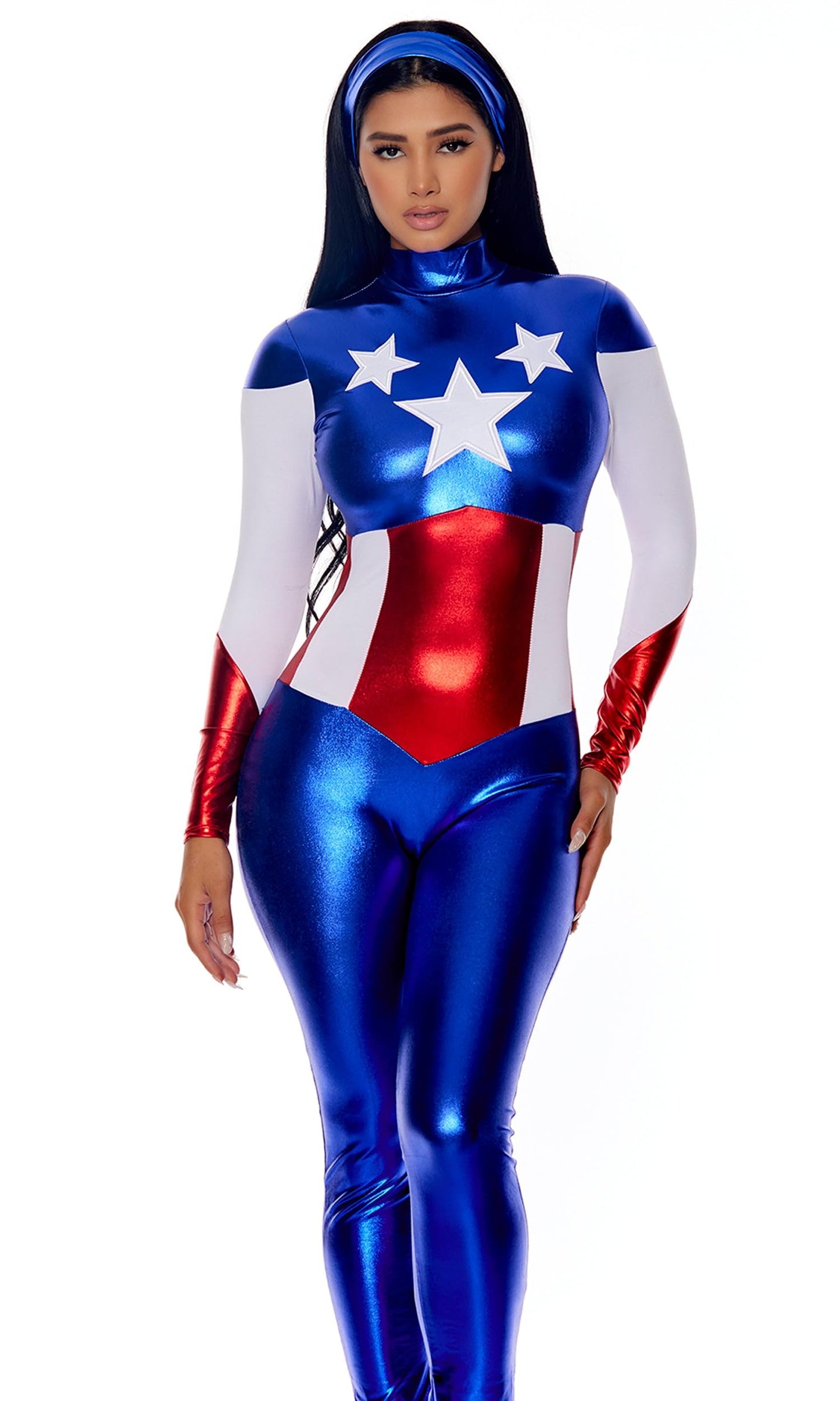 Forplay Women's Petite Star Spangled Hero Catsuit with Stripe Waist and Headband, Royal, Medium/Large