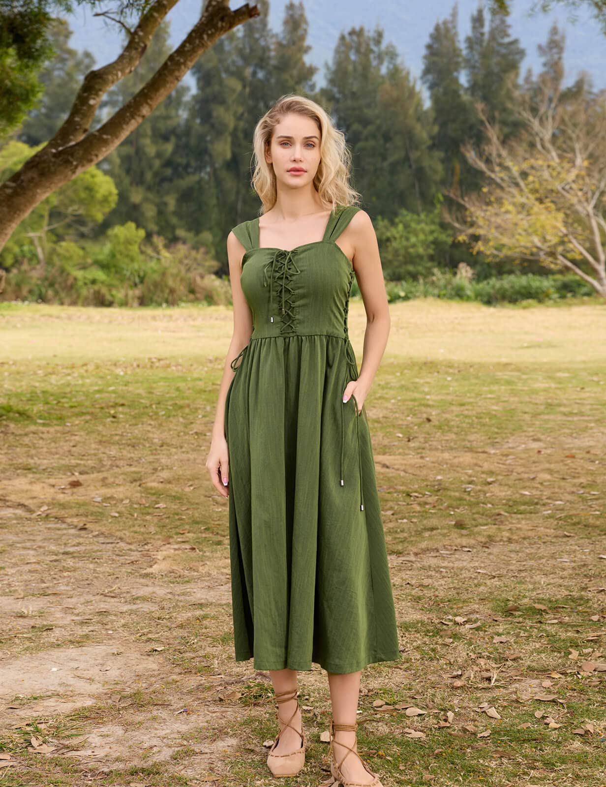 Scarlet Darkness Renaissance Midi Dress for Women Victorian High Waist Peasant Dress Green L