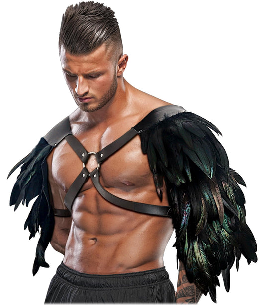 L'VOW Gothic Feather Harness Costume for Men Adjustable PU Leather Shoulder Armor with Feather Medieval Guards Halloween Cosplay