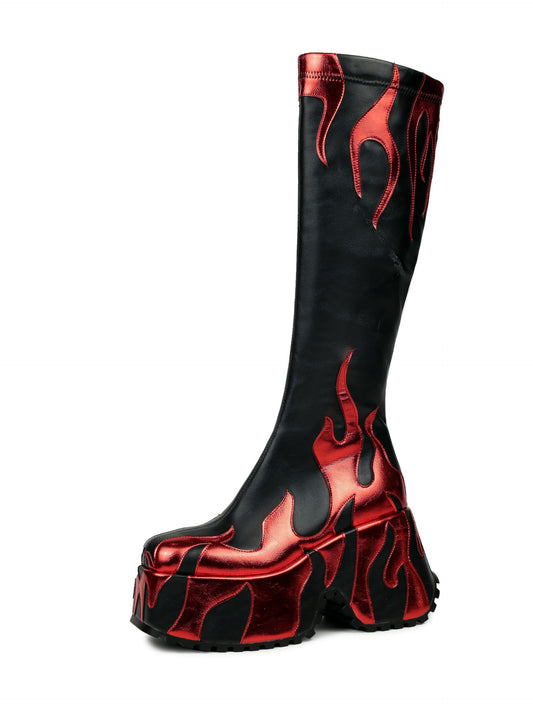 HiColor women’s side zipper high heeled red Flames printing thick sole boots high boots round toe boots
