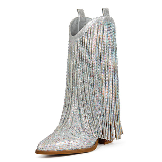 HICLOTSA Women's Silver Cowboy Ankle Boots Cowgirl Rhinestone Fringe Western Boots Side Zipper Pointy Pull On Chunky Heel Sparkly Tassels Booties Fashion Country Party for Women Size 8.5