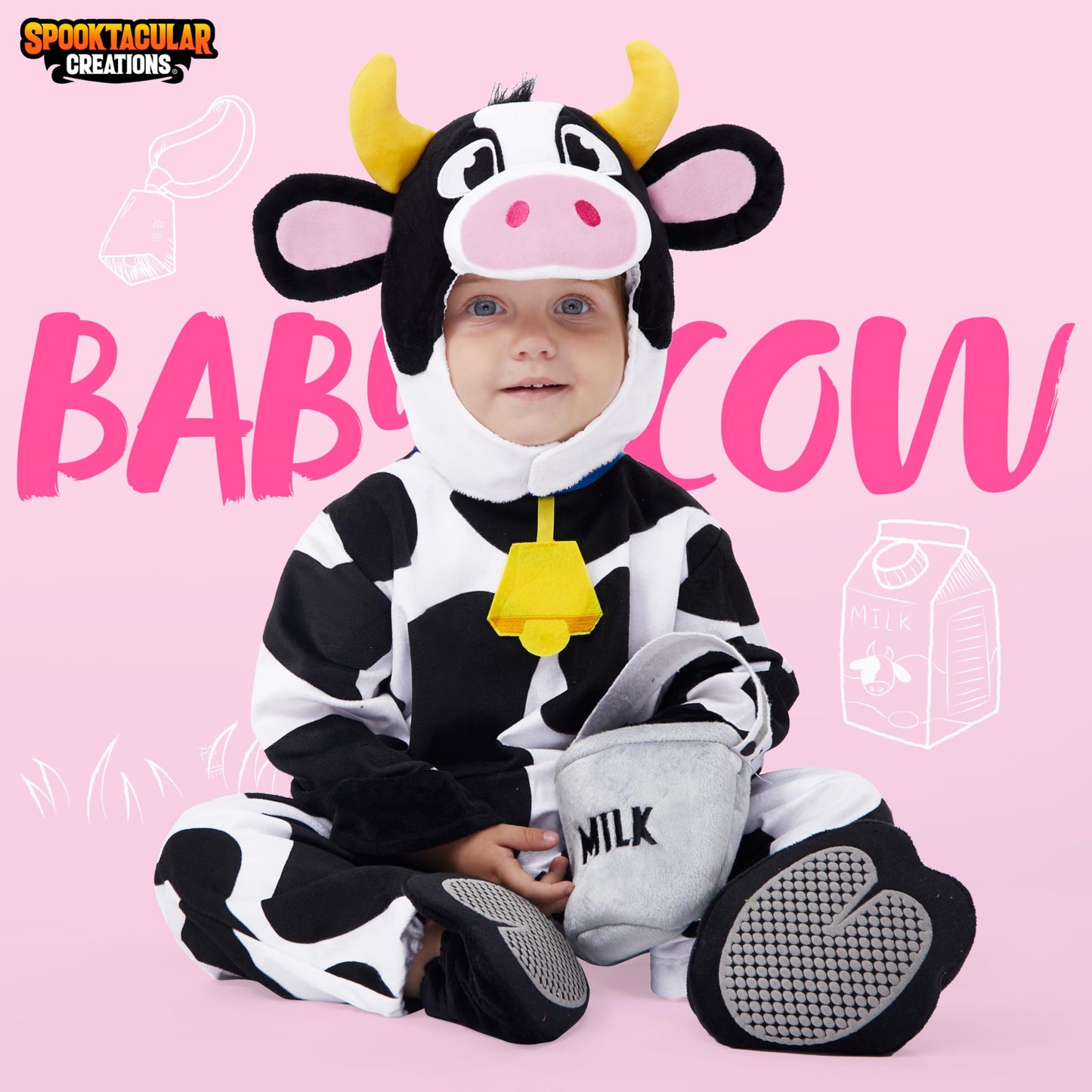 Spooktacular Creations Unisex Baby Cow Costume Jumpsuit Outfit with Milking Bucket for Infant Child Boys and Girls Halloween Costume Cosplay, Trick or Treat Farm Party Dress Up (18-24 Months)