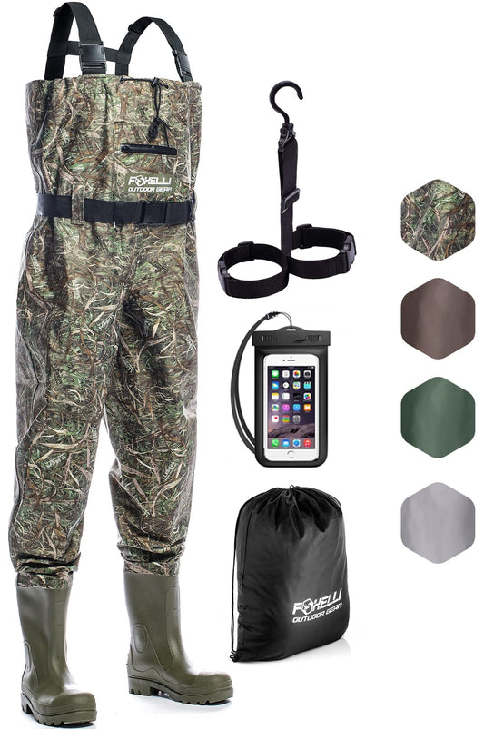 Foxelli Chest Waders – Camo Hunting Fishing Waders for Men and Women with Boots, 2-ply Nylon/PVC Waterproof Bootfoot Waders